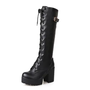 Women Platform Chunky Heel Lace Up Long Boots