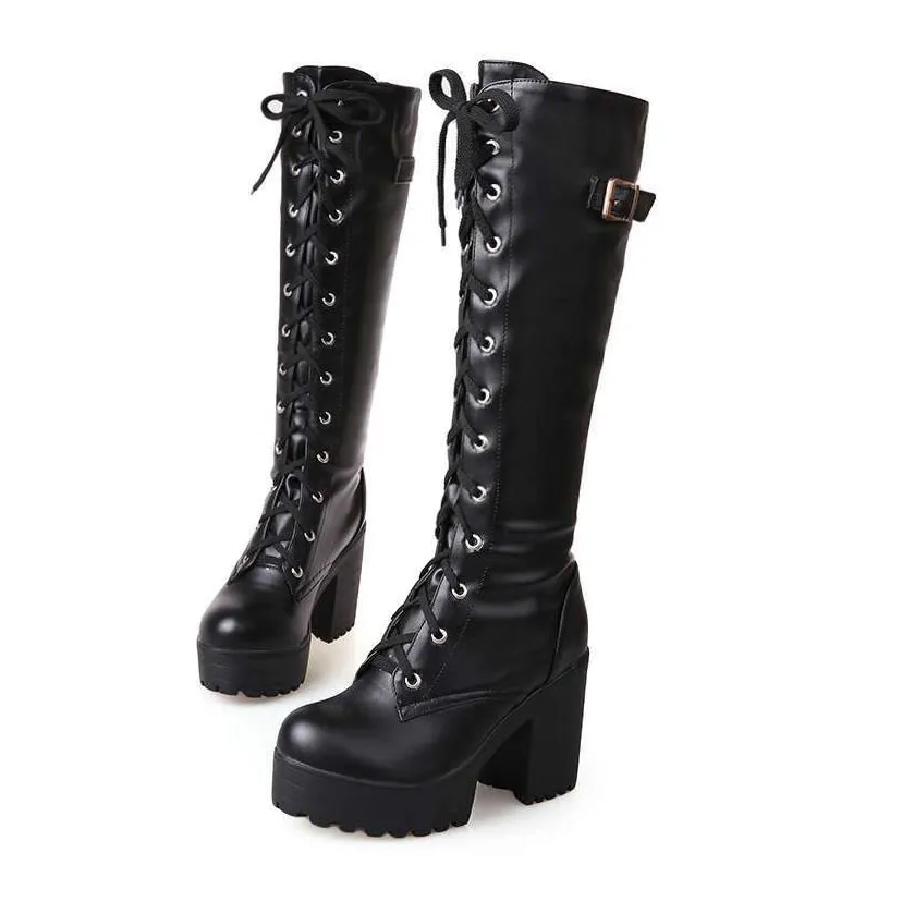 Women Platform Chunky Heel Lace Up Long Boots
