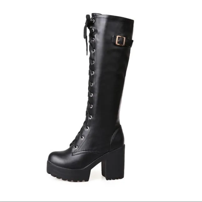 Women Platform Chunky Heel Lace Up Long Boots