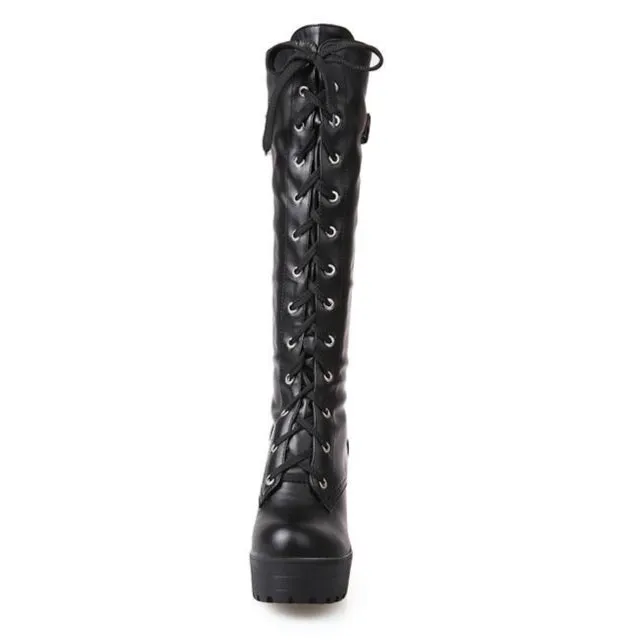 Women Platform Chunky Heel Lace Up Long Boots