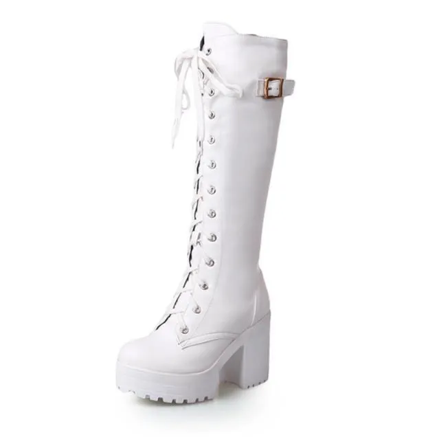 Women Platform Chunky Heel Lace Up Long Boots