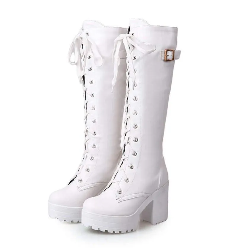 Women Platform Chunky Heel Lace Up Long Boots
