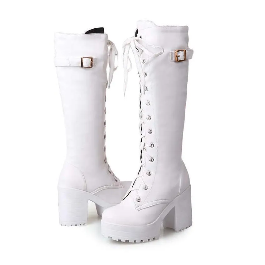 Women Platform Chunky Heel Lace Up Long Boots