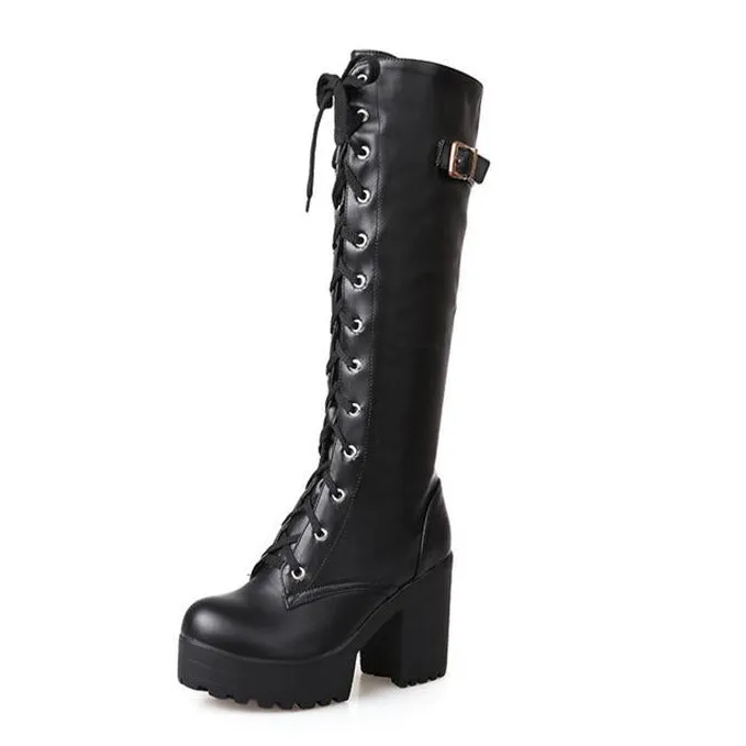 Women Platform Chunky Heel Lace Up Long Boots