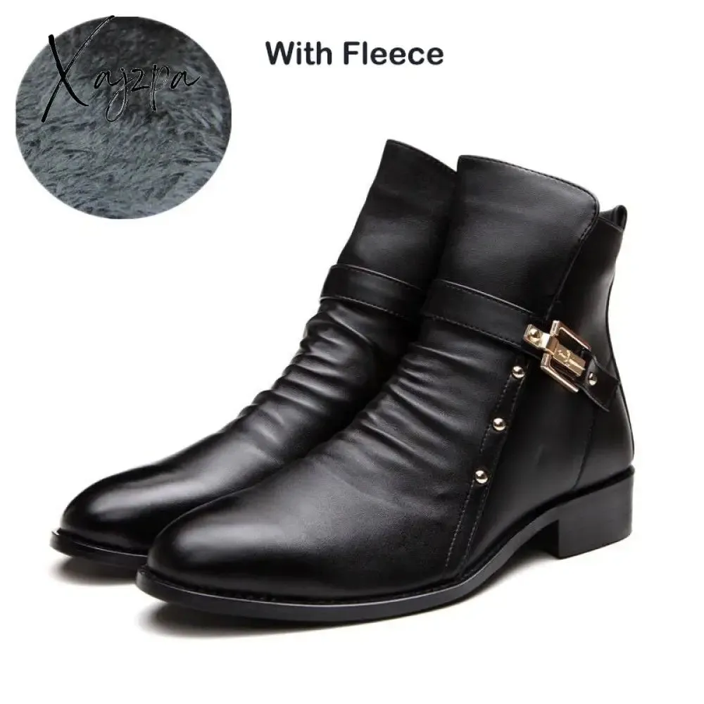 Xajzpa - Autumn Winter Shoes Men Punk NightClub Leather Ankle Boots Fashion Rivets Men's Chelsea Boots Warm Plush for Cold Winter