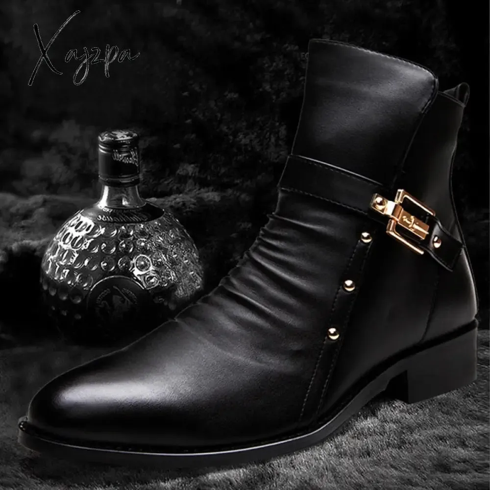Xajzpa - Autumn Winter Shoes Men Punk NightClub Leather Ankle Boots Fashion Rivets Men's Chelsea Boots Warm Plush for Cold Winter