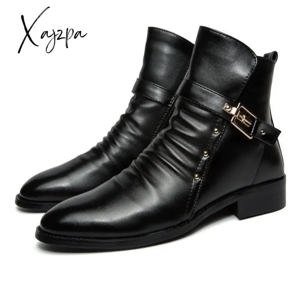 Xajzpa - Autumn Winter Shoes Men Punk NightClub Leather Ankle Boots Fashion Rivets Men's Chelsea Boots Warm Plush for Cold Winter