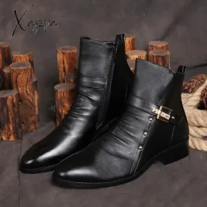 Xajzpa - Autumn Winter Shoes Men Punk NightClub Leather Ankle Boots Fashion Rivets Men's Chelsea Boots Warm Plush for Cold Winter