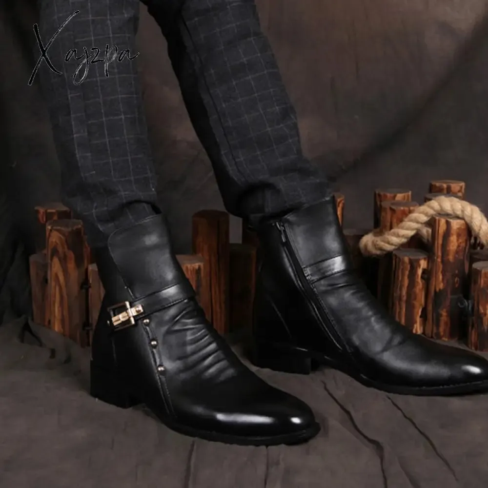 Xajzpa - Autumn Winter Shoes Men Punk NightClub Leather Ankle Boots Fashion Rivets Men's Chelsea Boots Warm Plush for Cold Winter